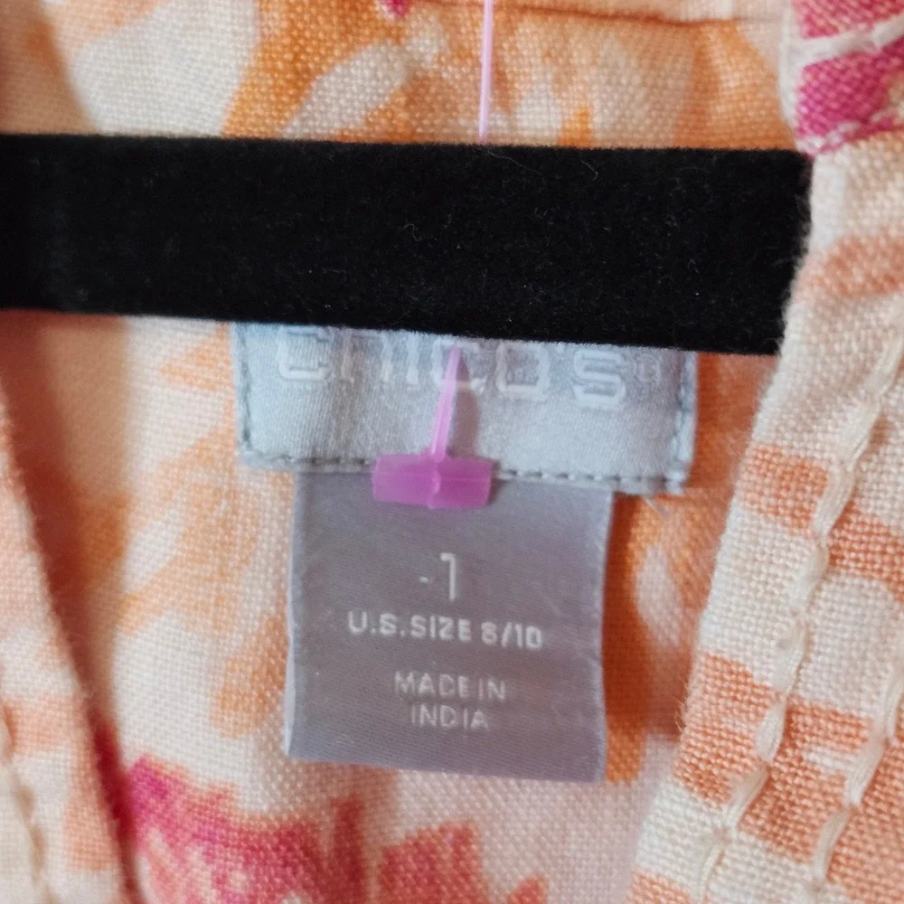 Chico's Tunic Dress Coral Sea Life Print 100% Linen Coastal‎ Resort Size 1 8/10
